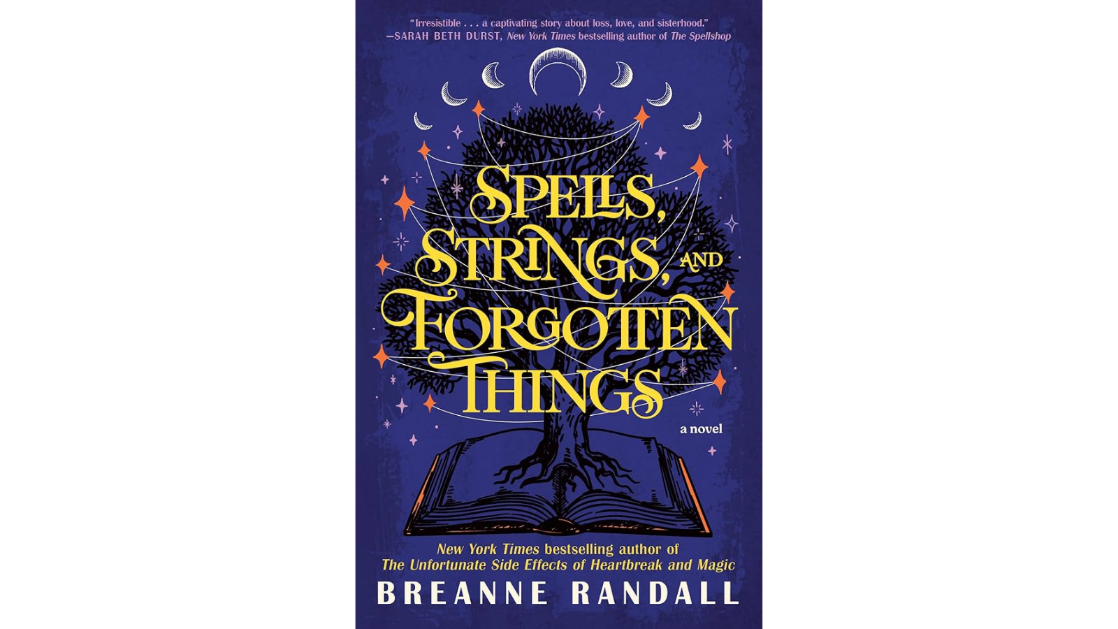 Cover of Spells, Strings, and Forgotten Things by Breanne Randall, a romantasy novel featuring witch sisters, forbidden romance, memory magic, and enchanting world-building.