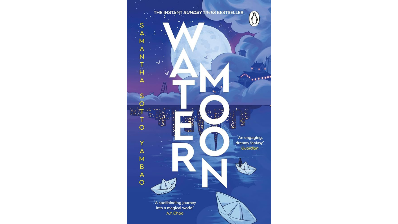 Cover of Water Moon by Samantha Sotto Yambao, a magical realism fantasy novel featuring a moonlit blue landscape with paper boats floating across the water.