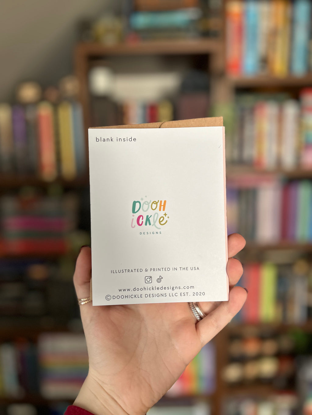 Back of cute birthday greeting card featuring printer information: Doohickle Designs. Printed in USA