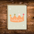 Cute birthday greeting card featuring a colorful illustrated crown with the words "Birthday Boy" on a soft sage green background with scattered stars.
