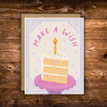 Pastel birthday greeting card featuring a slice of sprinkle cake with a lit candle and the words "Make a Wish."