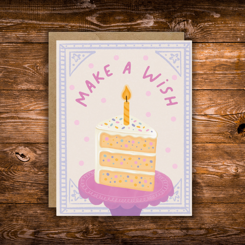 Pastel birthday greeting card featuring a slice of sprinkle cake with a lit candle and the words "Make a Wish."