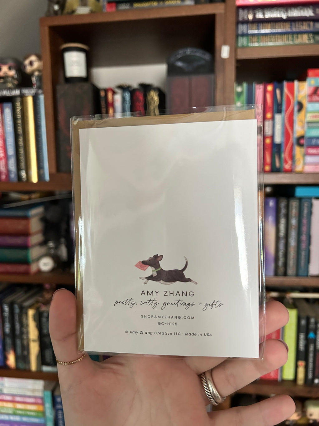 A hand holding a clear plastic-wrapped greeting card set in front of a blurred bookshelf. The card features a white background with a black dog illustration and the text 'AMY ZHANG pretty witty greetings + gifts'. 
