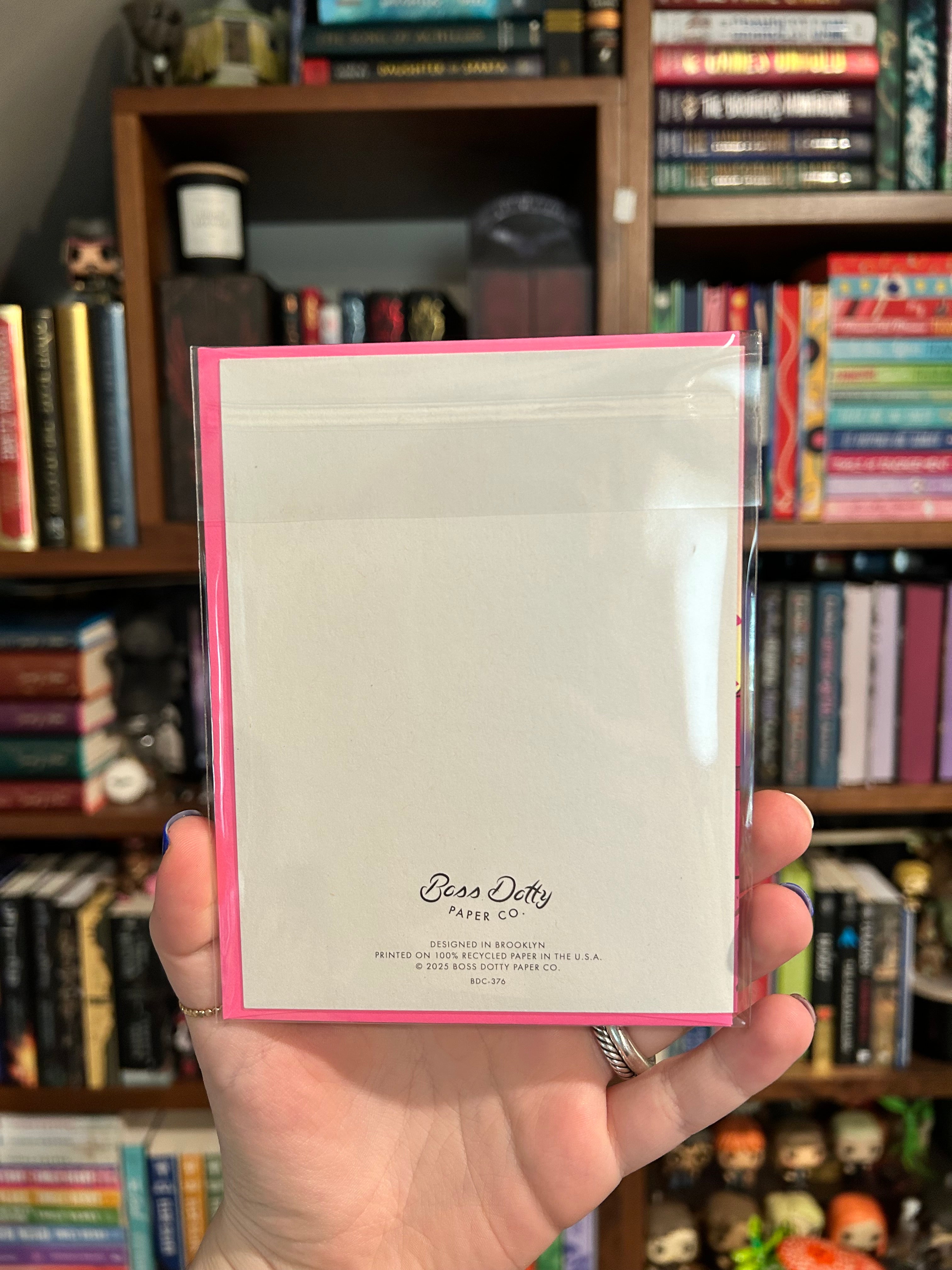 Back of birthday greeting card featuring printer information: Boss Dotty Paper Co. Made in USA