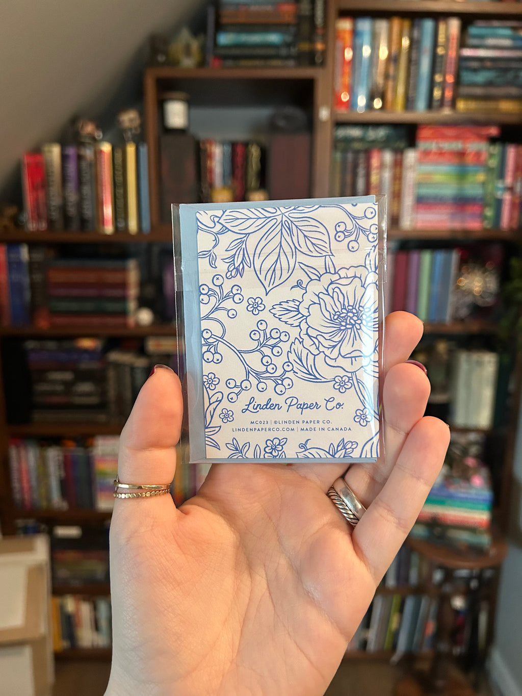 Back of mini greeting card featuring printer information: Linden Paper Co. Printed in Canada
