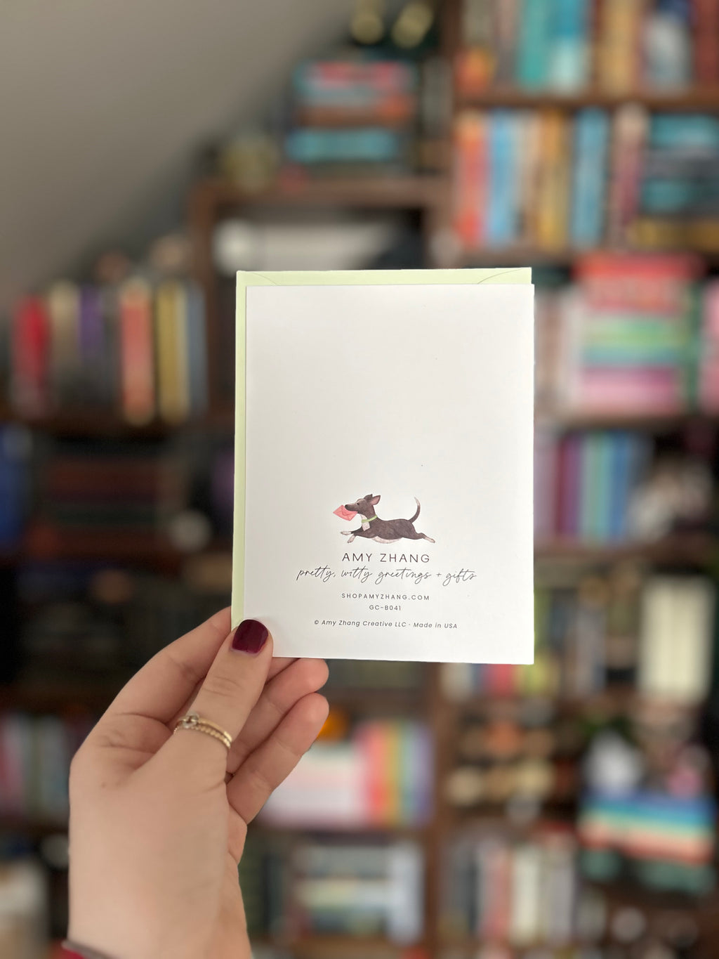 Back of birthday greeting card featuring printer information: Amy Zhang. Printed in USA