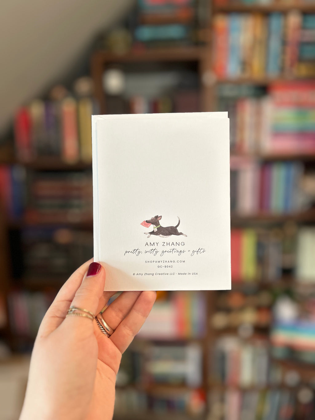 Back of birthday greeting card featuring printer information: Amy Zhang. Printed in USA