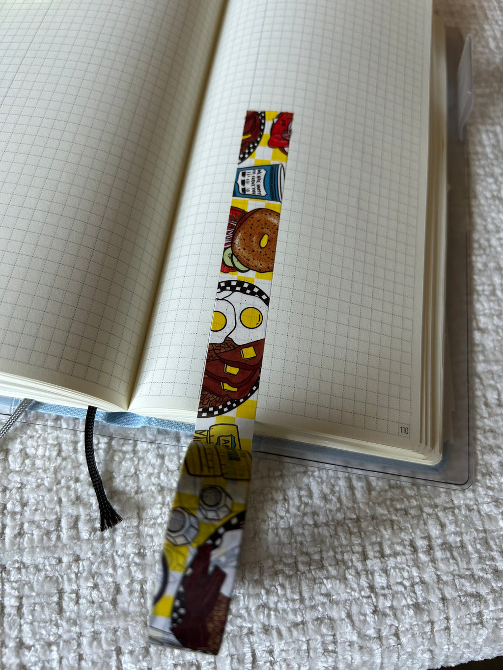Breakfast-themed decorative washi tape featuring illustrated pancakes, eggs, butter, burgers, coffee, and other diner-inspired foods.