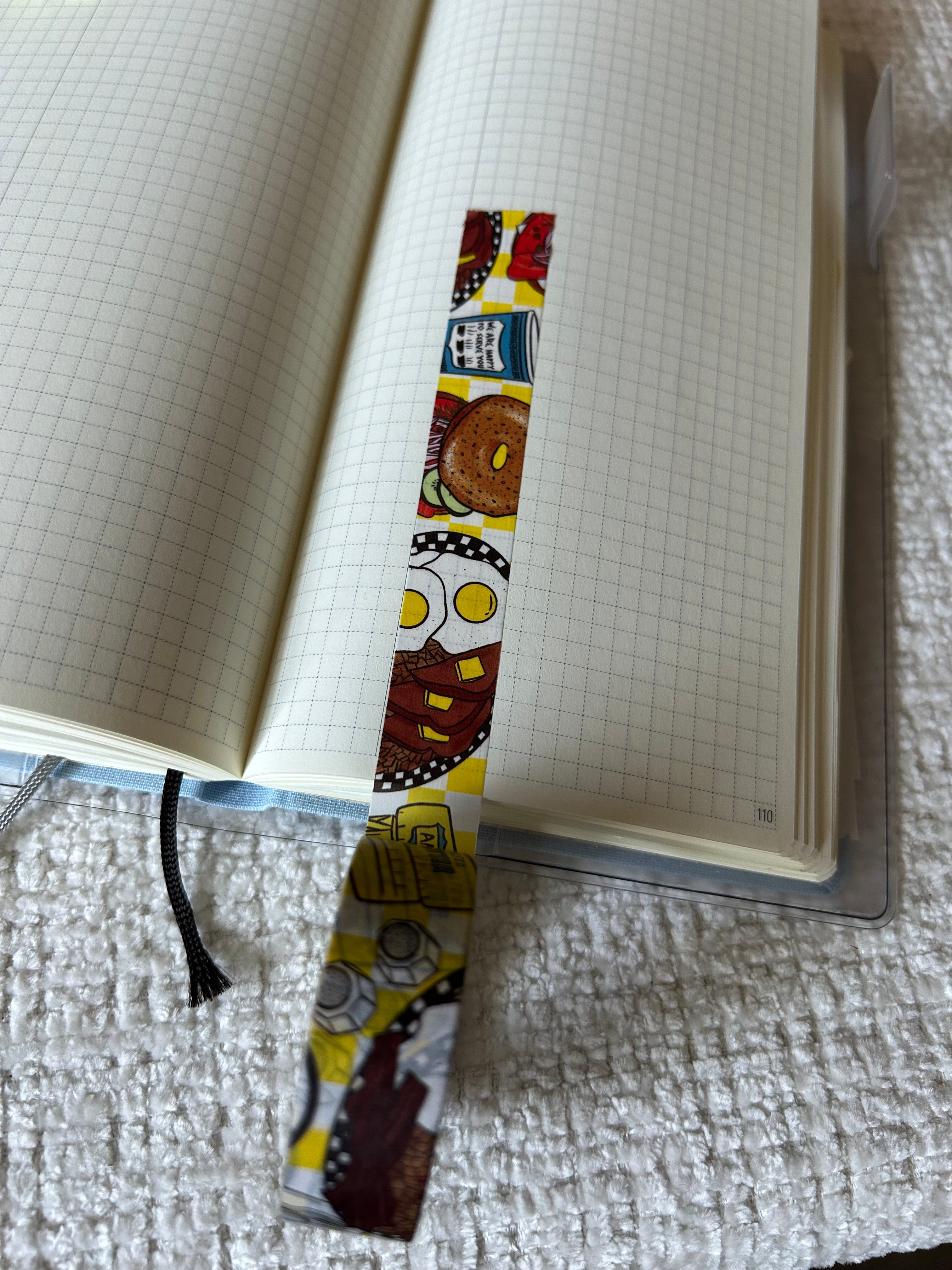 Breakfast-themed decorative washi tape featuring illustrated pancakes, eggs, butter, burgers, coffee, and other diner-inspired foods.