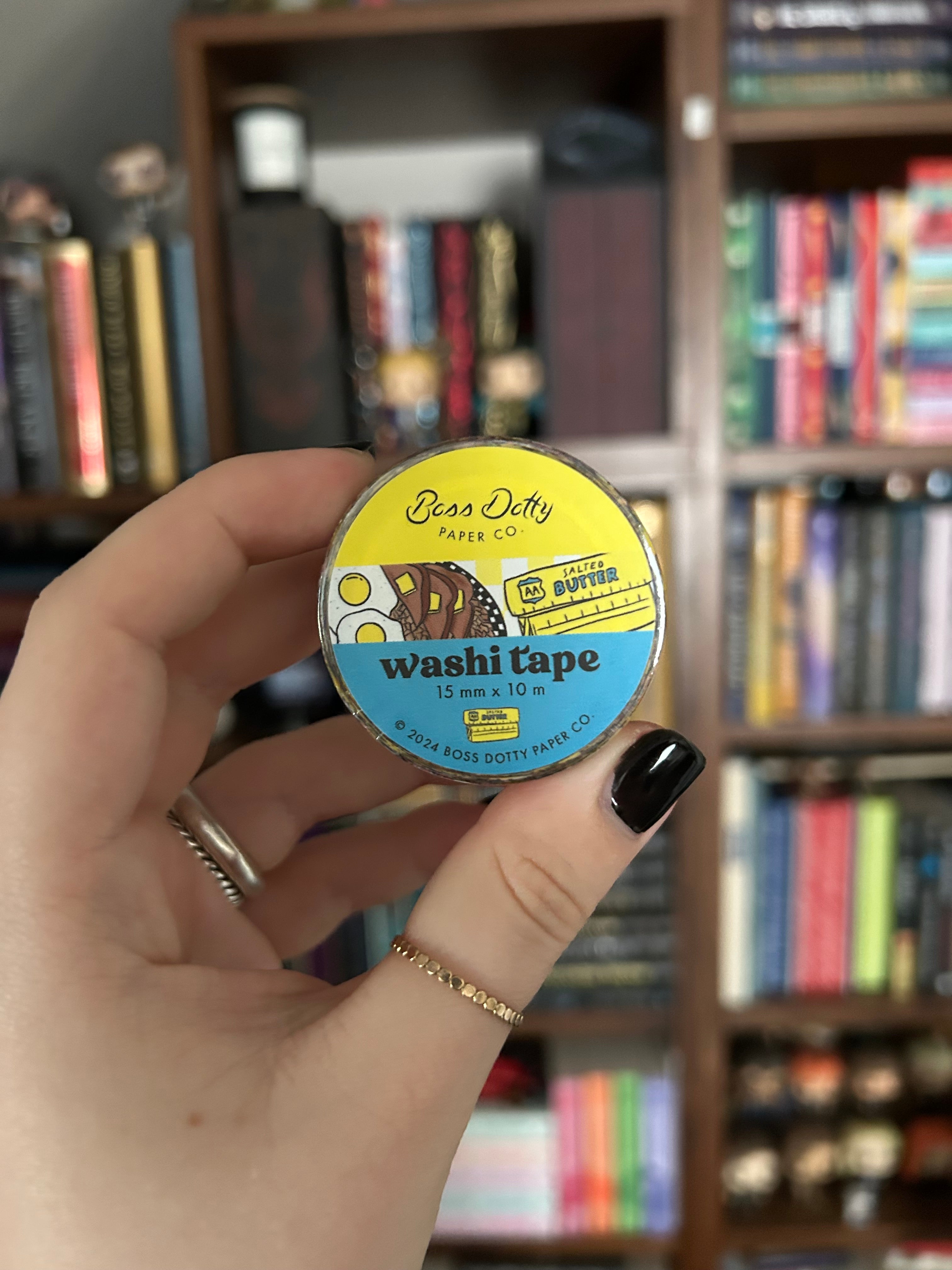 Breakfast-themed decorative washi tape featuring illustrated pancakes, eggs, butter, burgers, coffee, and other diner-inspired foods.
