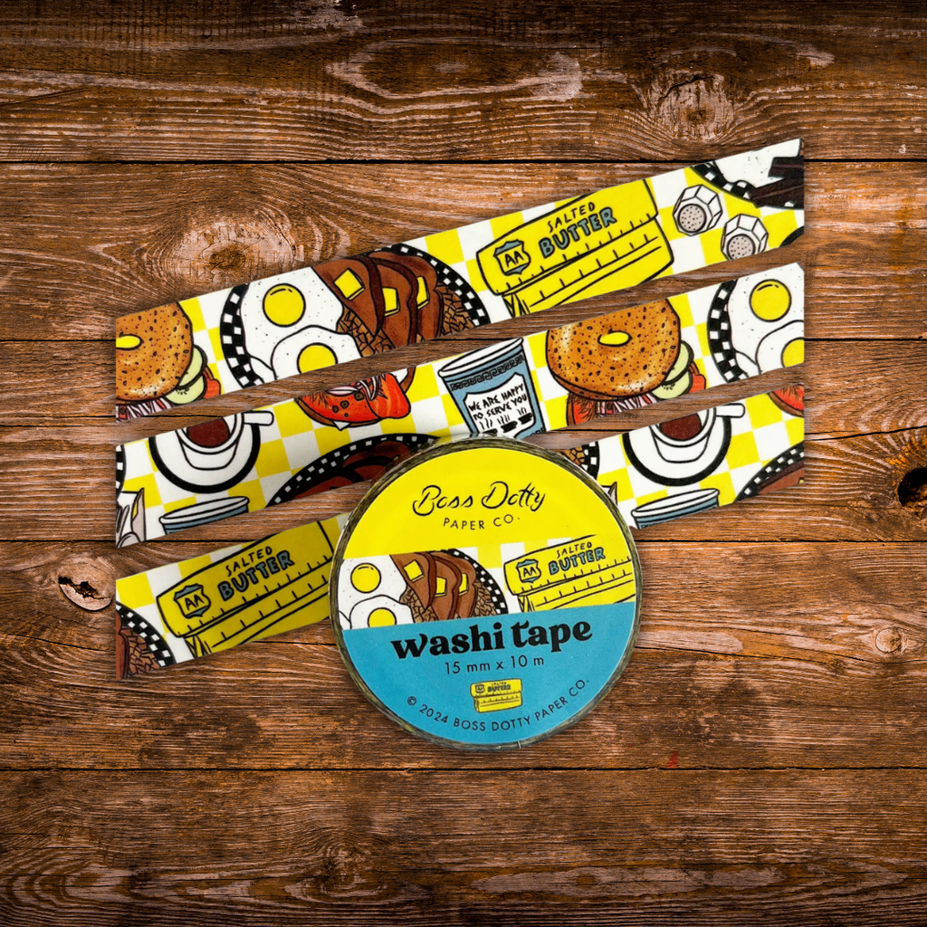 Breakfast-themed decorative washi tape featuring illustrated pancakes, eggs, butter, burgers, coffee, and other diner-inspired foods.