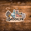 A die-cut sticker featuring cartoon animals and the word BROOKLYN, placed on a rustic brown wooden surface. The sticker shows a squirrel, a pigeon, a mouse, and a rat with food, above a pink-and-white checkered pattern and the word 'BROOKLYN' in black script.