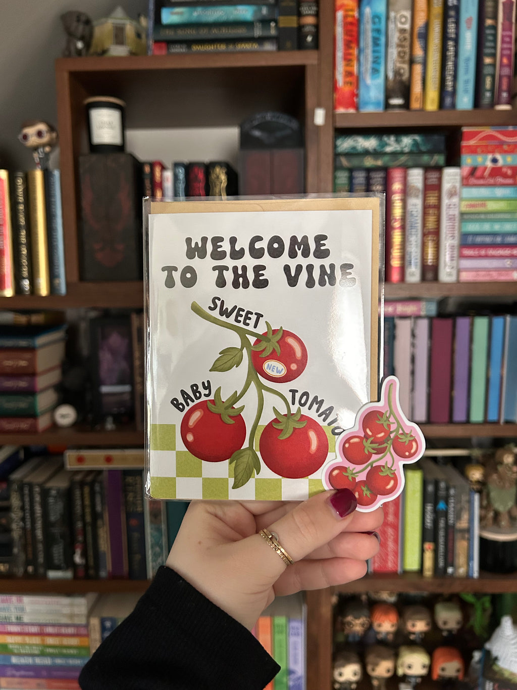 Welcome to the Vine baby greeting card with matching tomato vine waterproof vinyl sticker