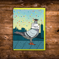 Graduation greeting card featuring a pigeon wearing a graduation cap while delivering a "Congrats, Grad!" letter with the New York City skyline in the background.