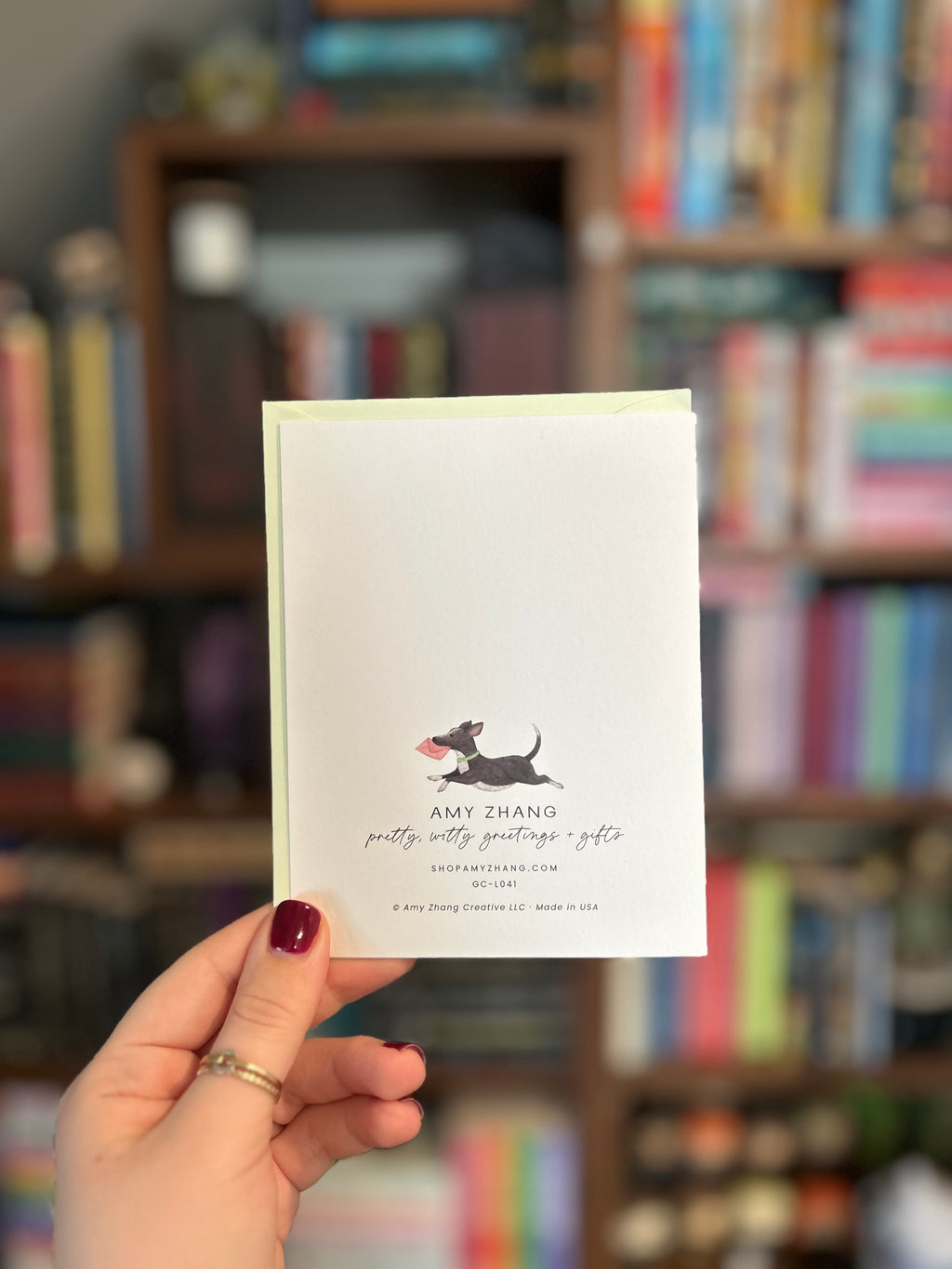 Back of greeting card featuring printer information: Amy Xhang. Printed in USA