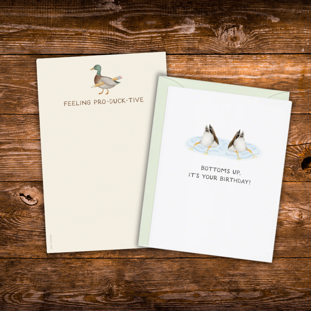 Duck-themed stationery gift set featuring a birthday greeting card and matching "Feeling Pro-Duck-Tive" tear-away notepad.