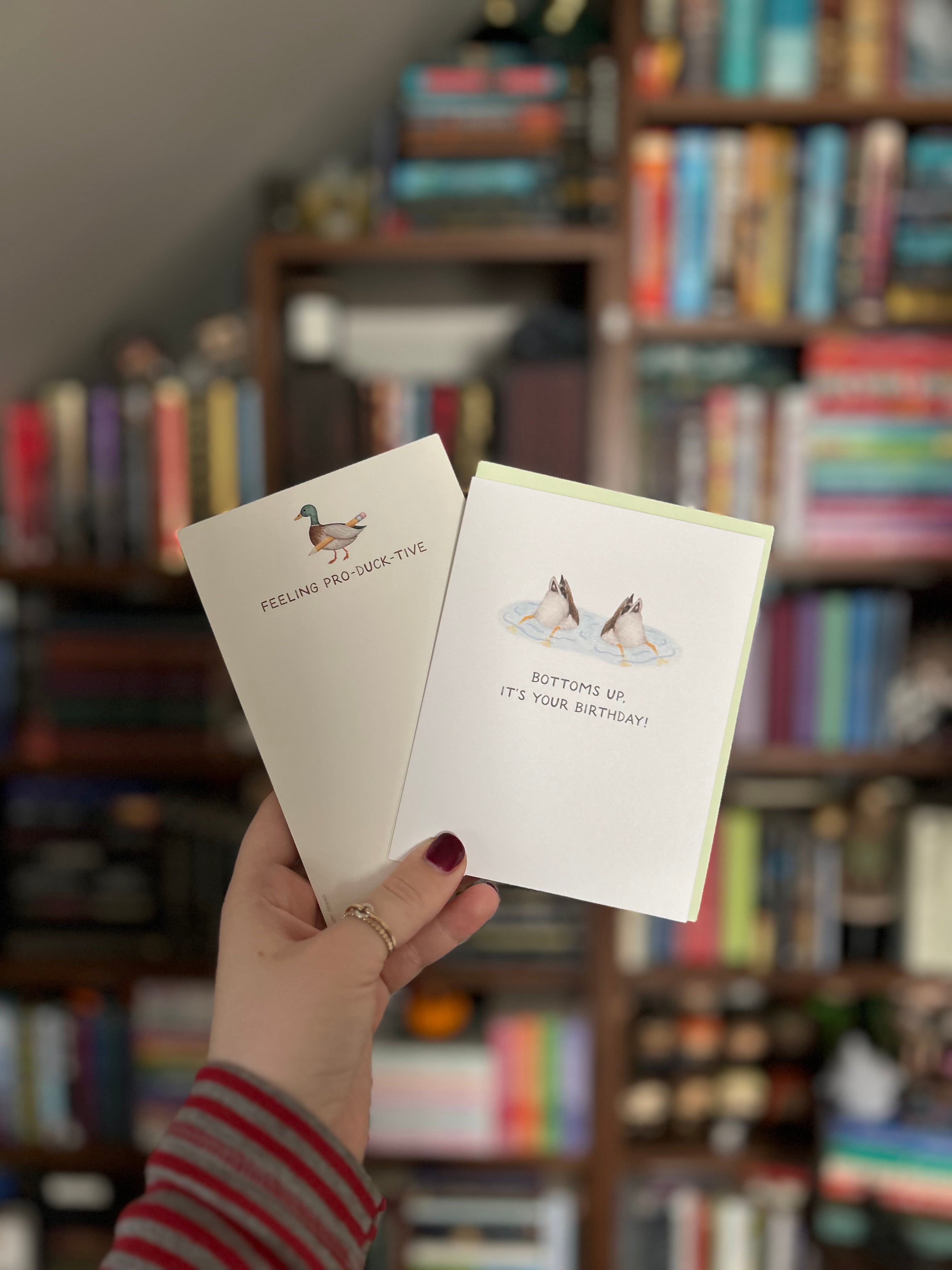Duck-themed stationery gift set featuring a birthday greeting card and matching "Feeling Pro-Duck-Tive" tear-away notepad.