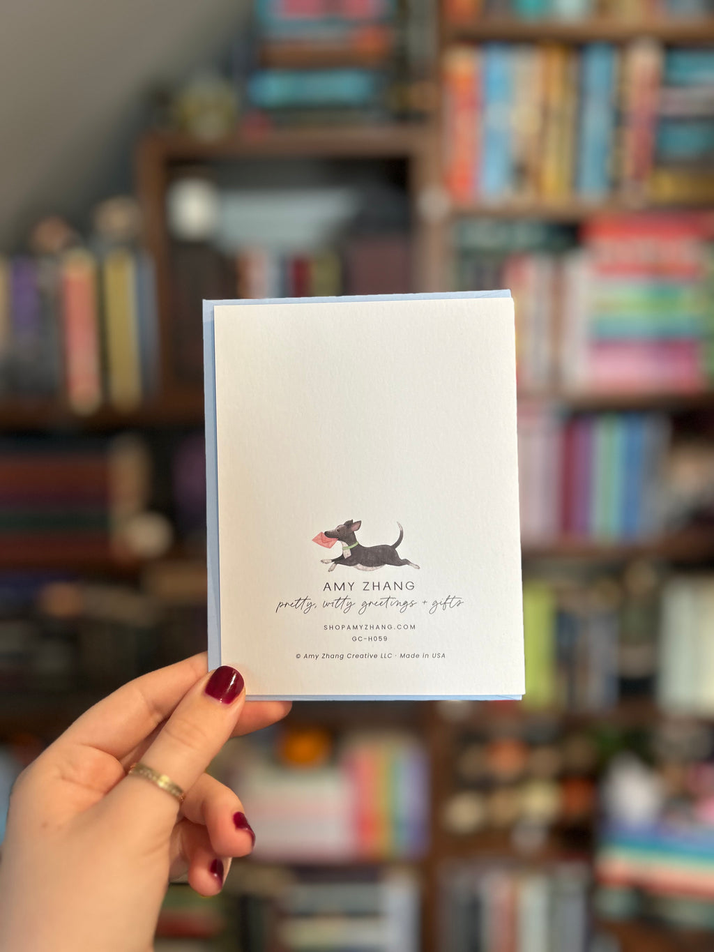 Back of cute Easter greeting card featuring printer information: Amy Zhang. Made in USA