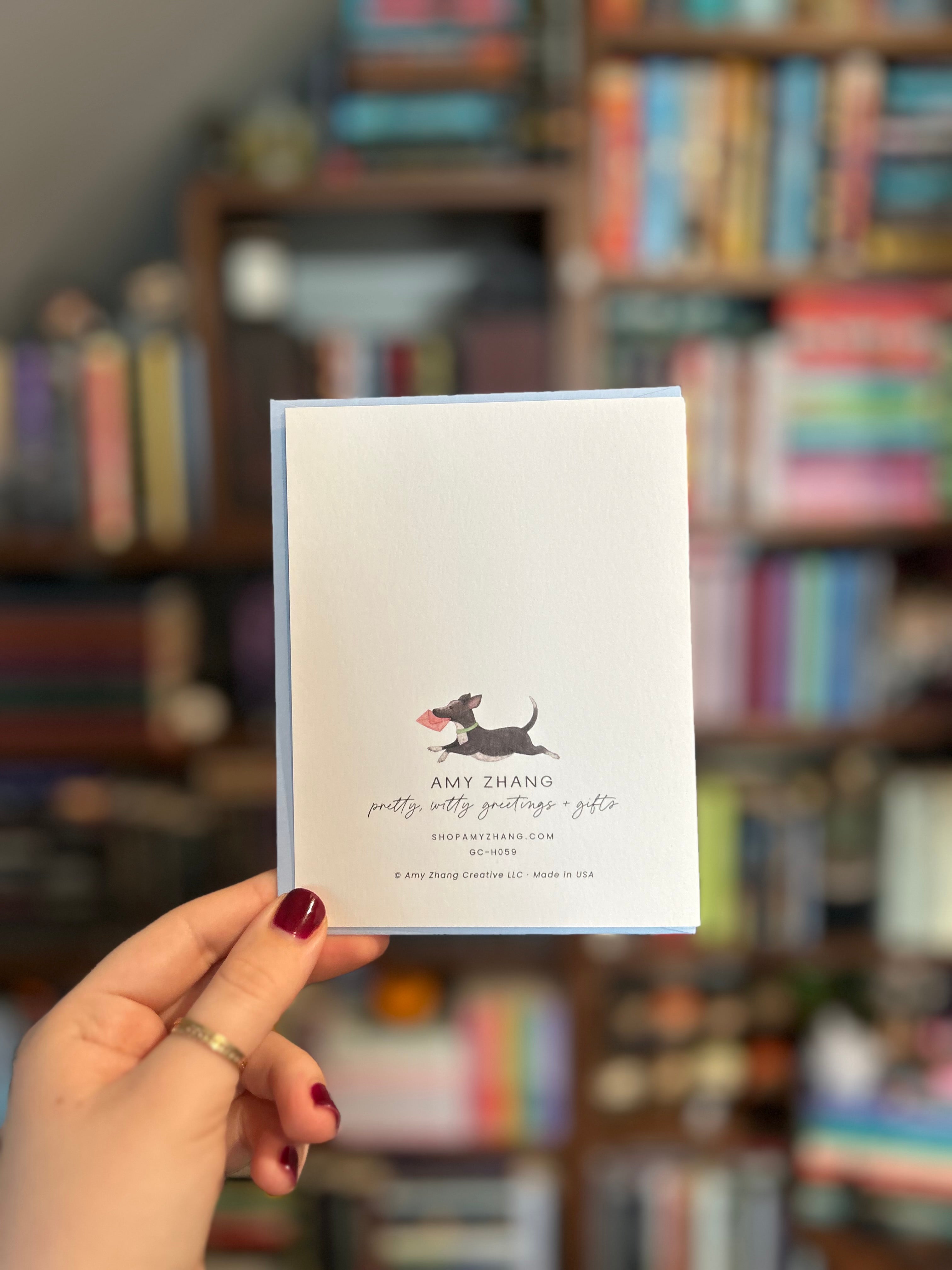 Back of cute Easter greeting card featuring printer information: Amy Zhang. Made in USA
