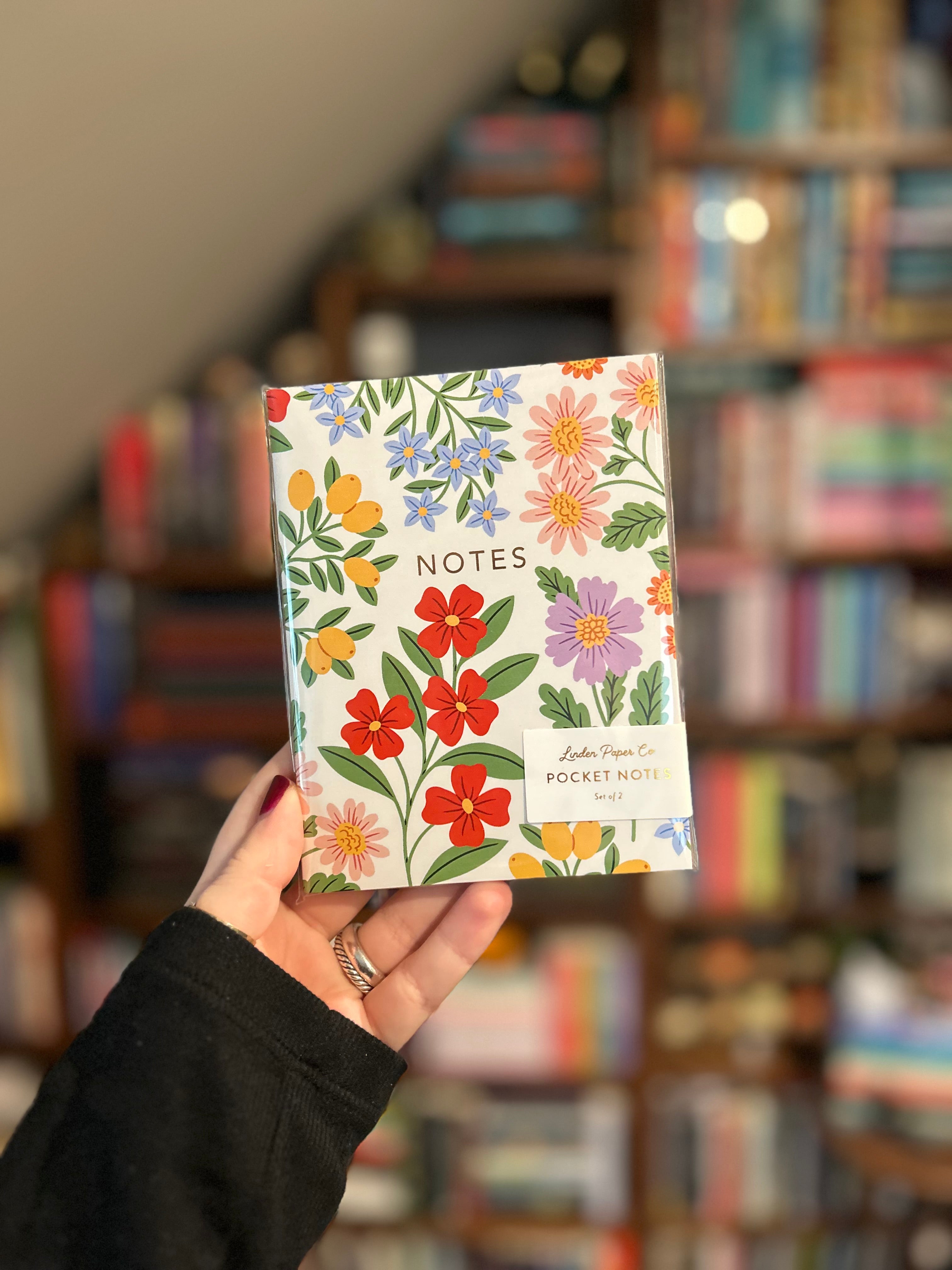 Floral notebook featuring colorful botanical cover designs with gold foil details, 44 blank pages, and saddle stitched binding.