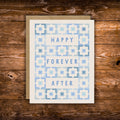 Modern wedding greeting card featuring the words "Happy Forever After" surrounded by a blue geometric tile pattern on a white background.