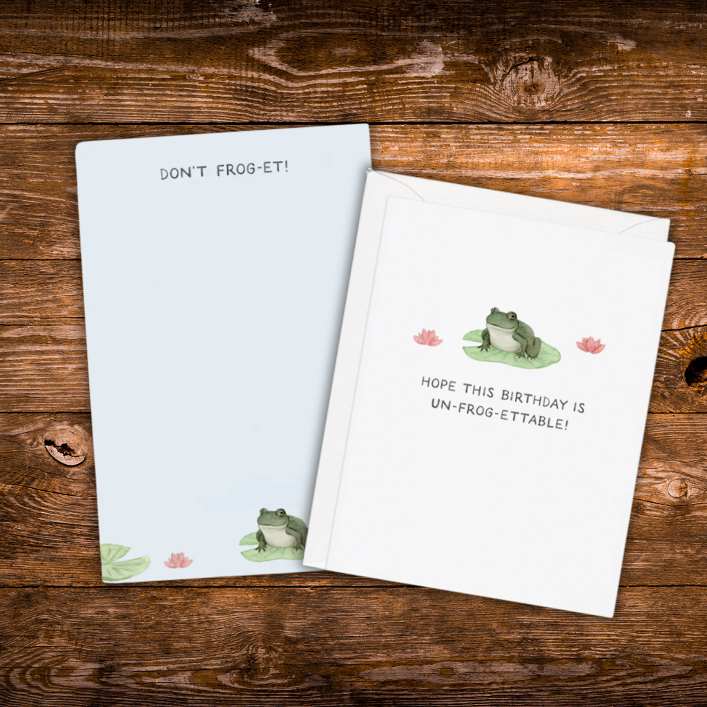Frog-themed stationery gift set featuring an "Un-Frog-Ettable" birthday gift card and matching "Don't Frog-Et!" tear-away notepad.