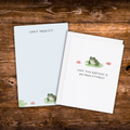 Frog-themed stationery gift set featuring an "Un-Frog-Ettable" birthday gift card and matching "Don't Frog-Et!" tear-away notepad.