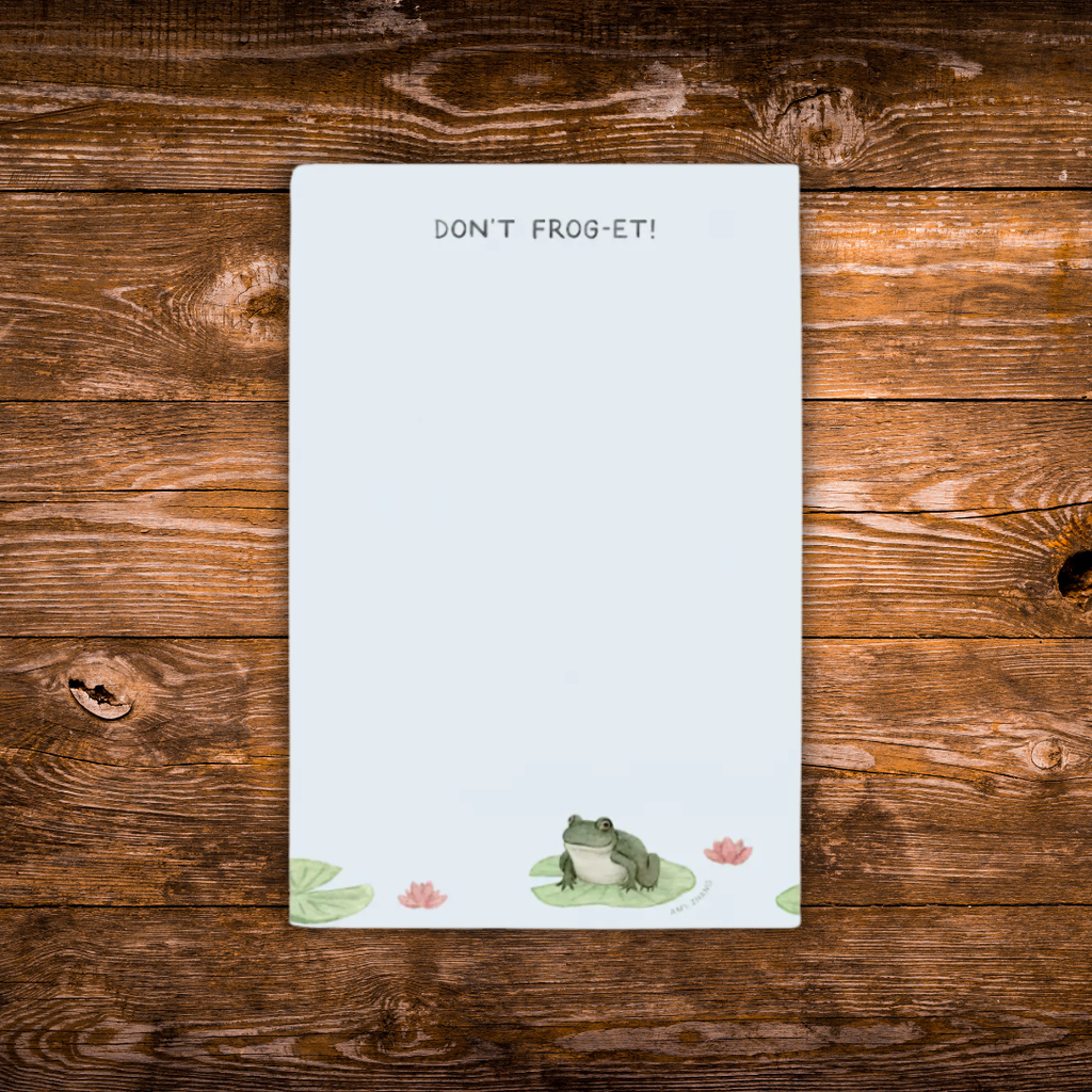 Frog-themed tear-away notepad featuring a frog on a lily pad with the phrase "Don't Frog-Et!"