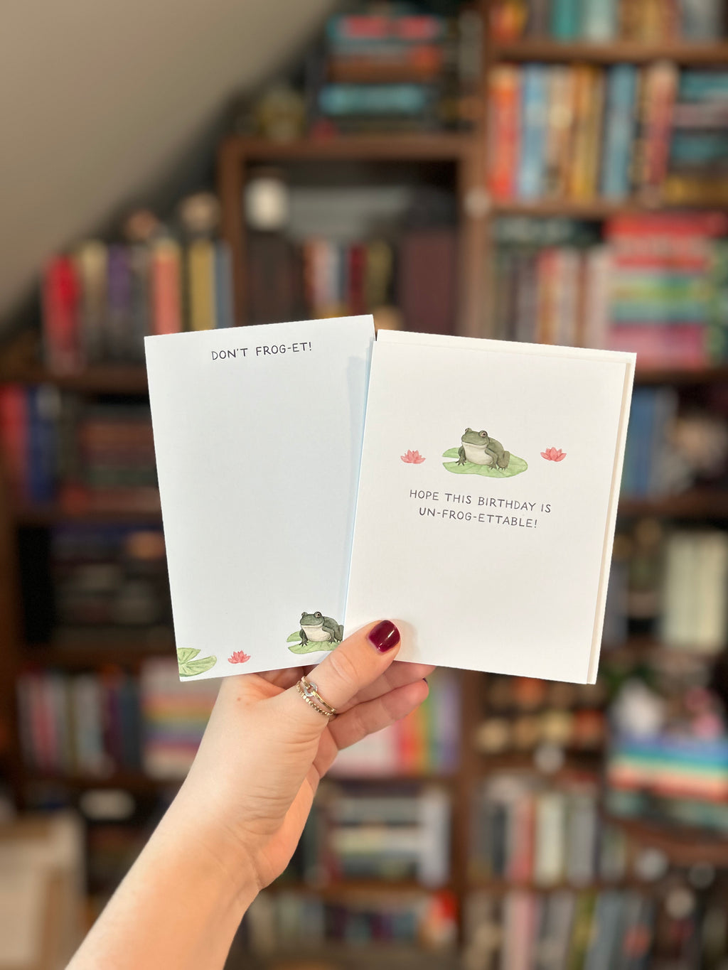 Frog-themed stationery gift set featuring an "Un-Frog-Ettable" birthday gift card and matching "Don't Frog-Et!" tear-away notepad.