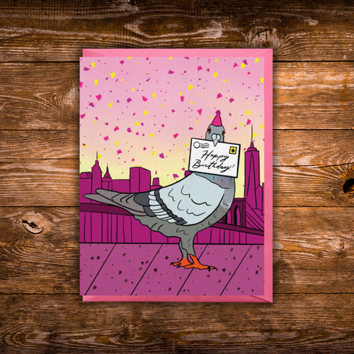 Birthday greeting card featuring a pigeon wearing a party hat and delivering a Happy Birthday letter with the New York City skyline in the background.