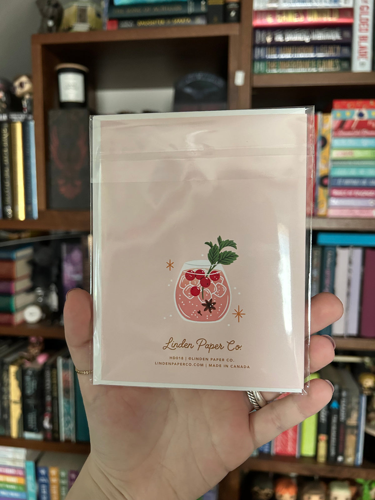 A hand holds a clear plastic sleeve containing a pale pink card with a small illustrated jar and the text 'Linden Paper Co.' in front of a bookshelf filled with books.