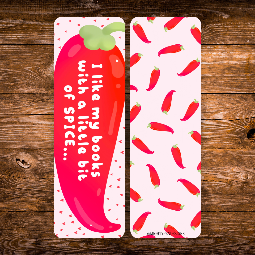 Double-sided bookmark featuring a large red chili pepper with a playful spicy-reading quote on a pale pink background, with a repeating red chili pepper pattern on the reverse.