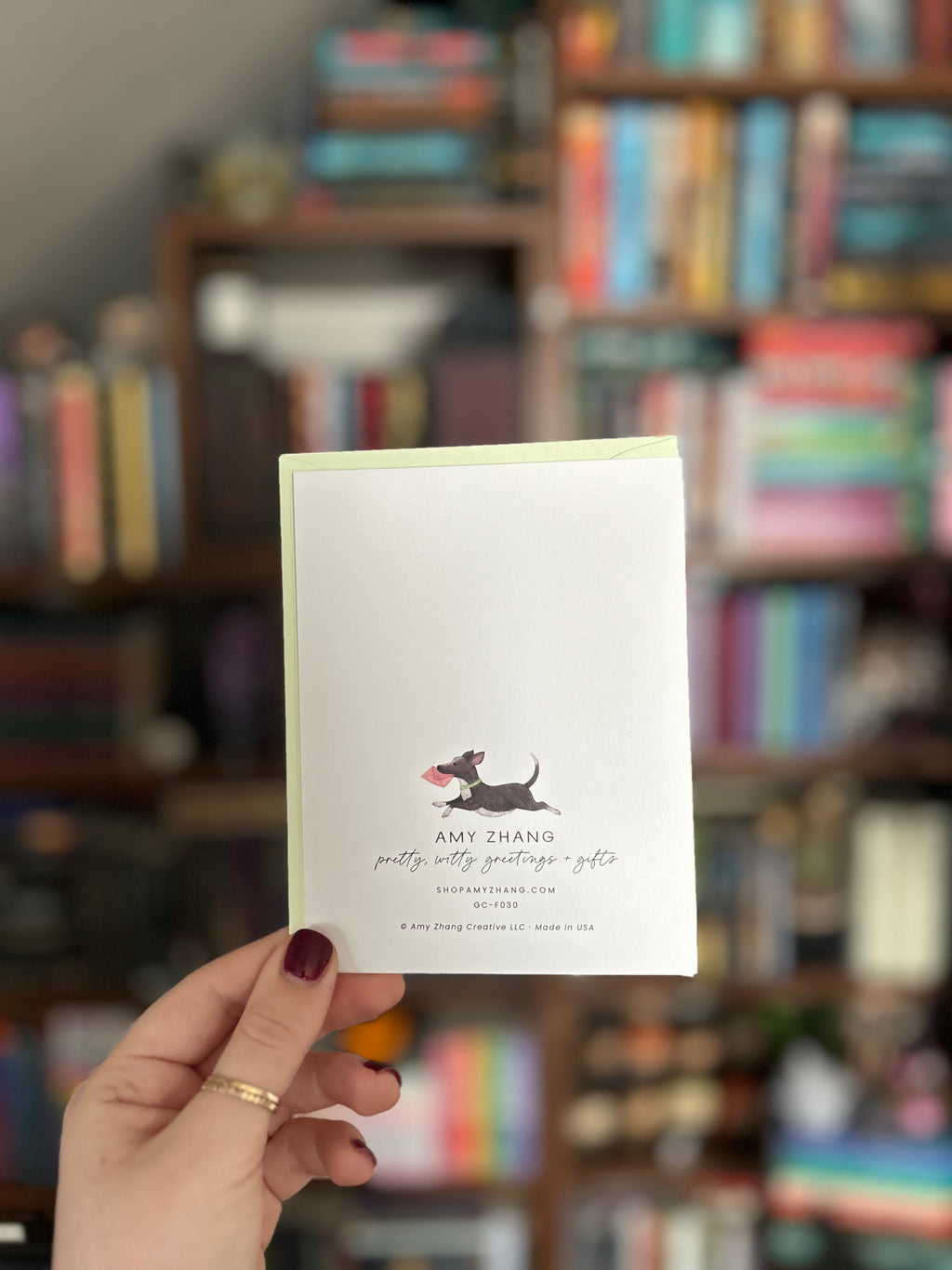 Back of funny Mother's Day greeting card featuring printer information: Amy Zhang. Made in USA