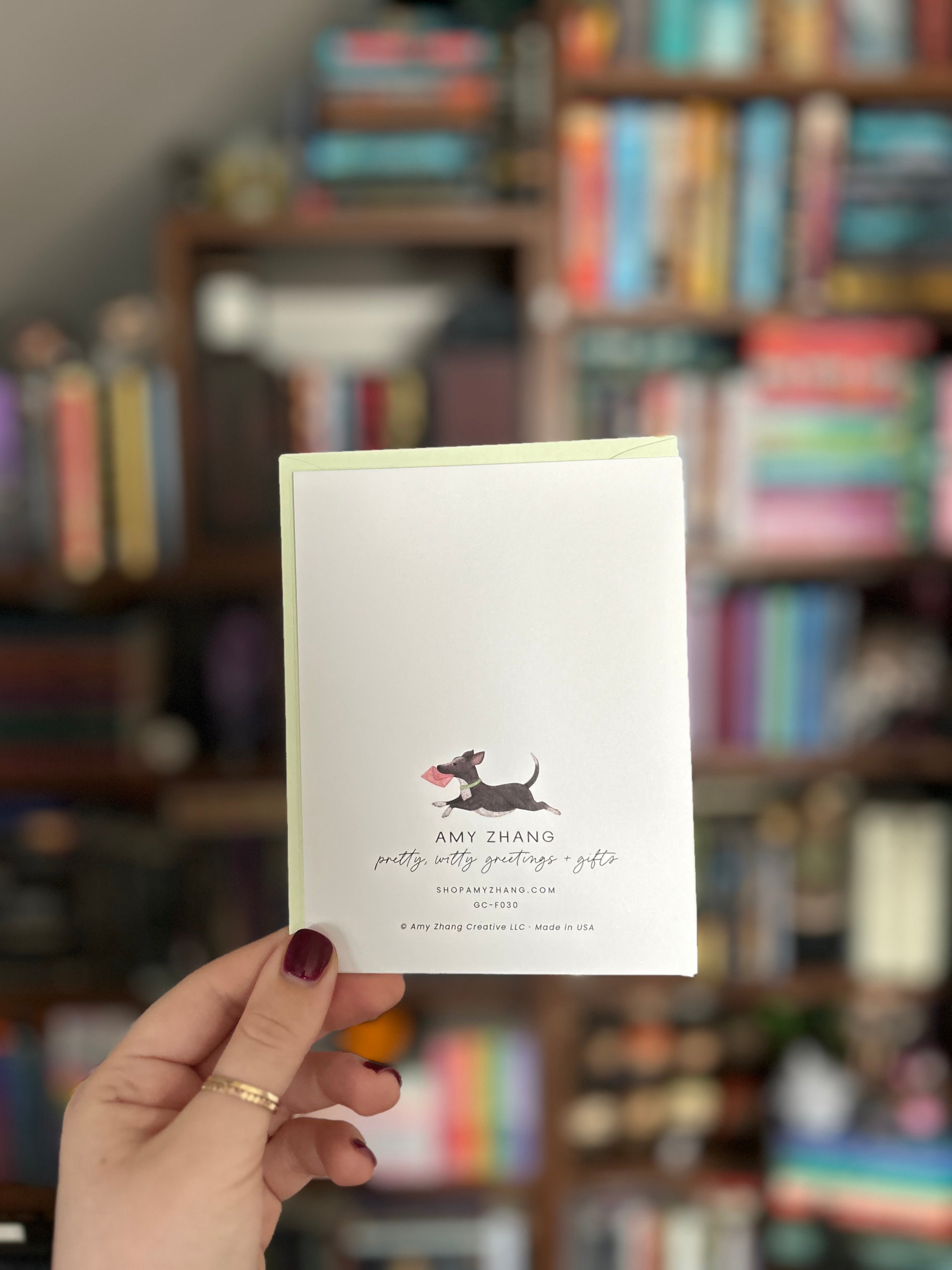 Back of funny Mother's Day greeting card featuring printer information: Amy Zhang. Made in USA