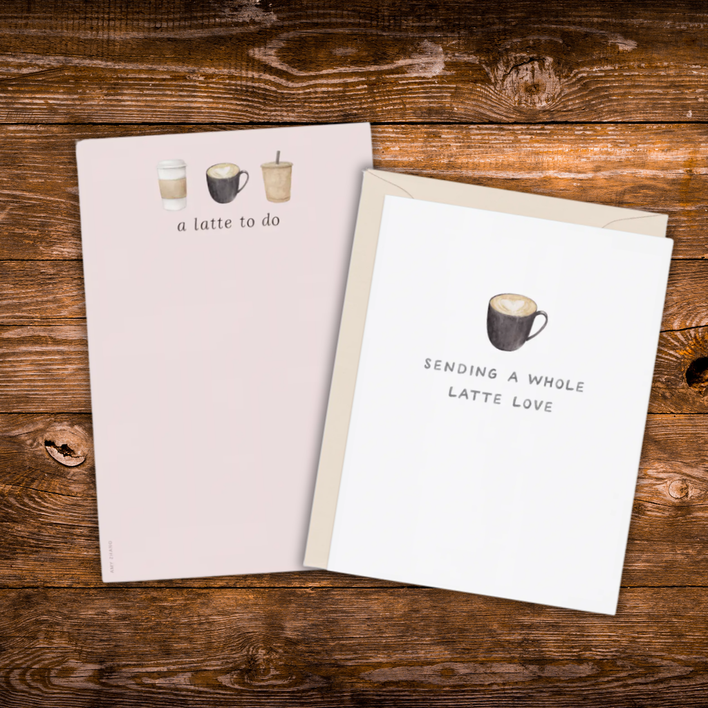 Coffee-themed stationery gift set featuring a "Sending a Whole Latte Love" greeting card and matching "A Latte To Do" tear-away notepad.