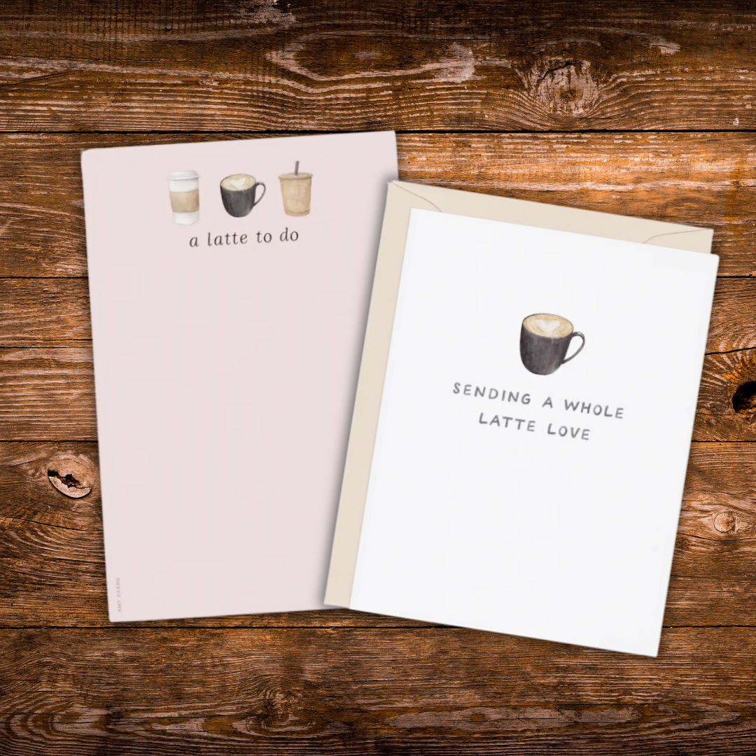Coffee-themed stationery gift set featuring a "Sending a Whole Latte Love" greeting card and matching "A Latte To Do" tear-away notepad.