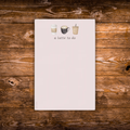 Coffee-themed tear-away notepad featuring three illustrated coffee drinks and the phrase "A Latte To Do."