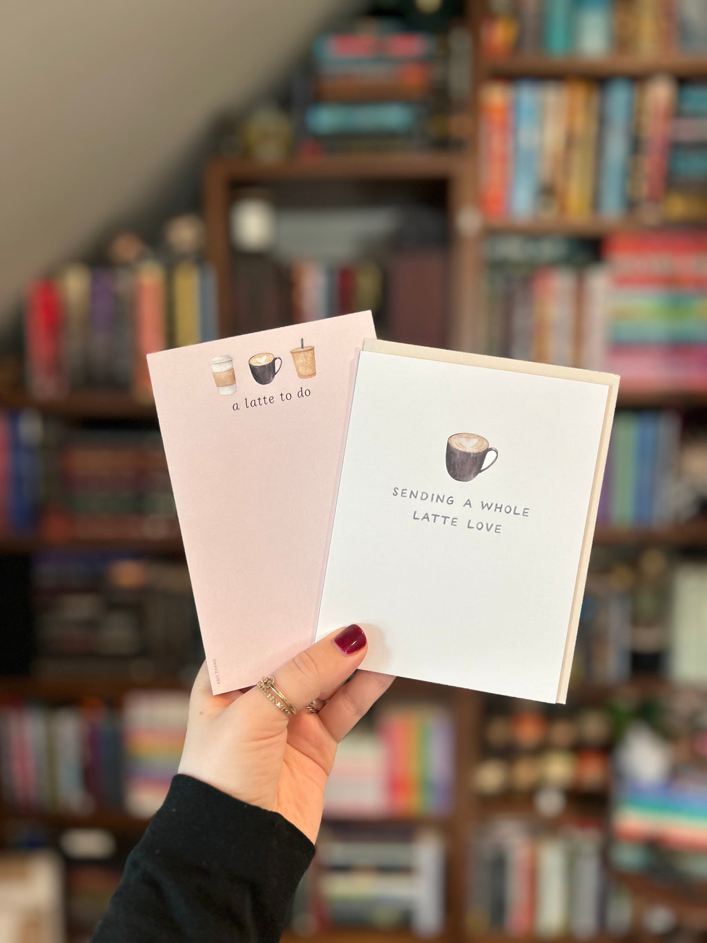 Coffee-themed stationery gift set featuring a "Sending a Whole Latte Love" greeting card and matching "A Latte To Do" tear-away notepad.