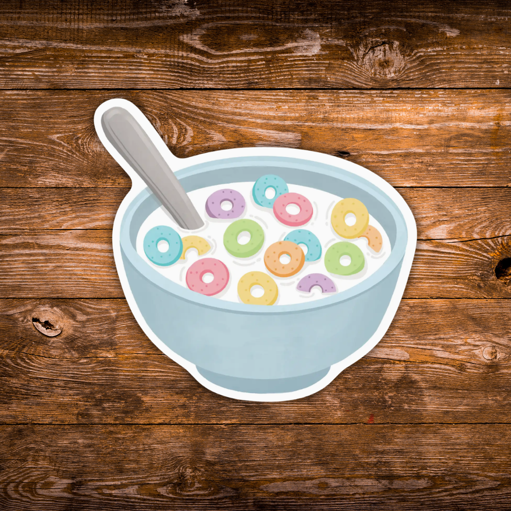 A die-cut sticker depicting a light blue bowl of cereal with colorful ring-shaped cornflakes and a gray spoon, placed on a brown wooden plank background.