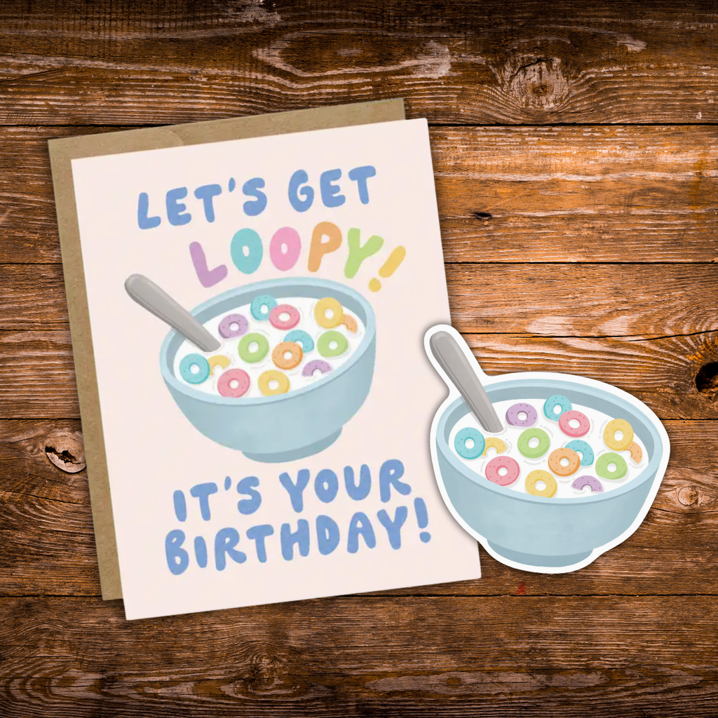 Birthday bundle featuring a colorful cereal-themed greeting card paired with a matching waterproof cereal bowl vinyl sticker