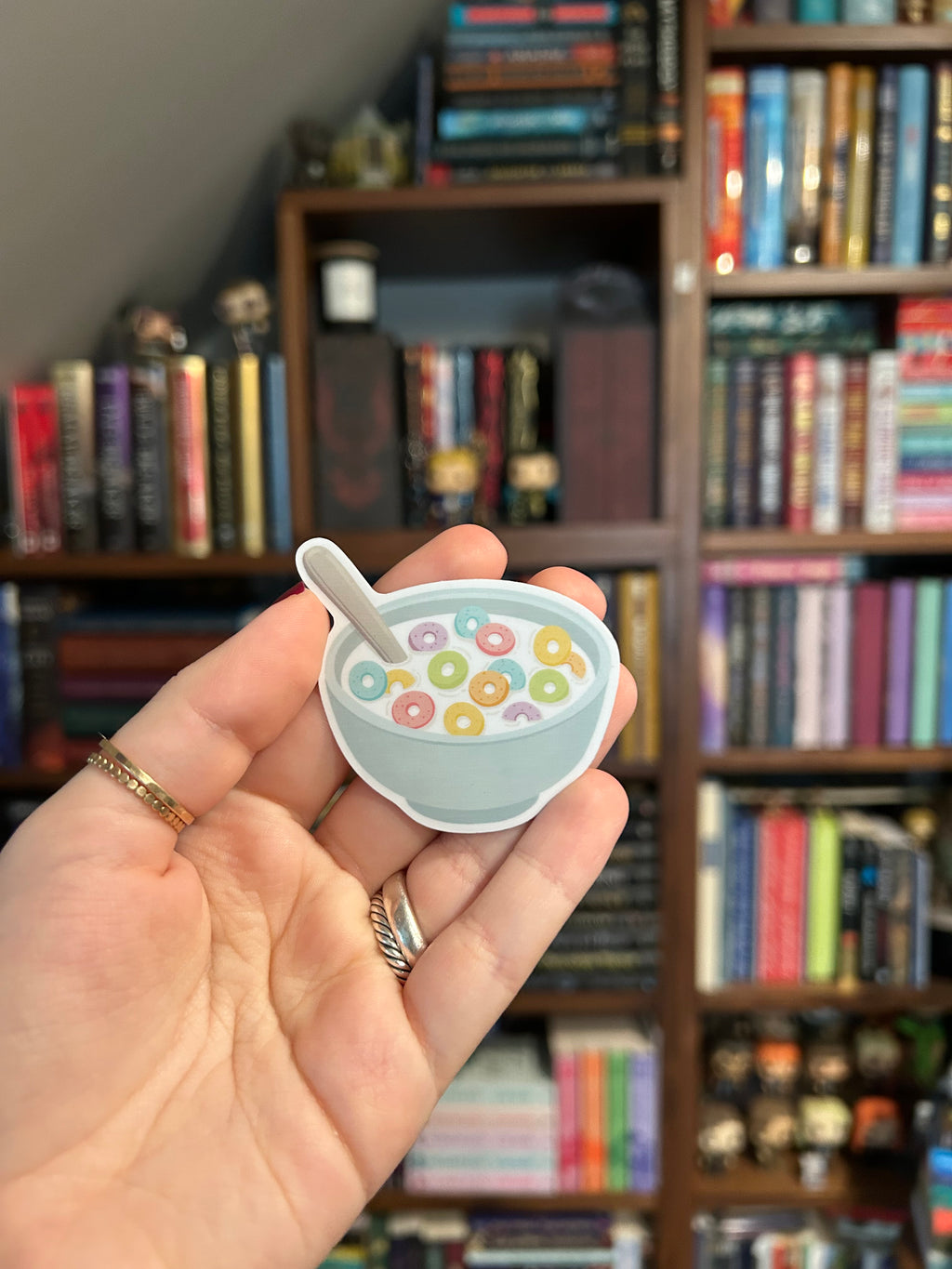 Waterproof vinyl sticker featuring a colorful bowl of cereal with rainbow cereal loops