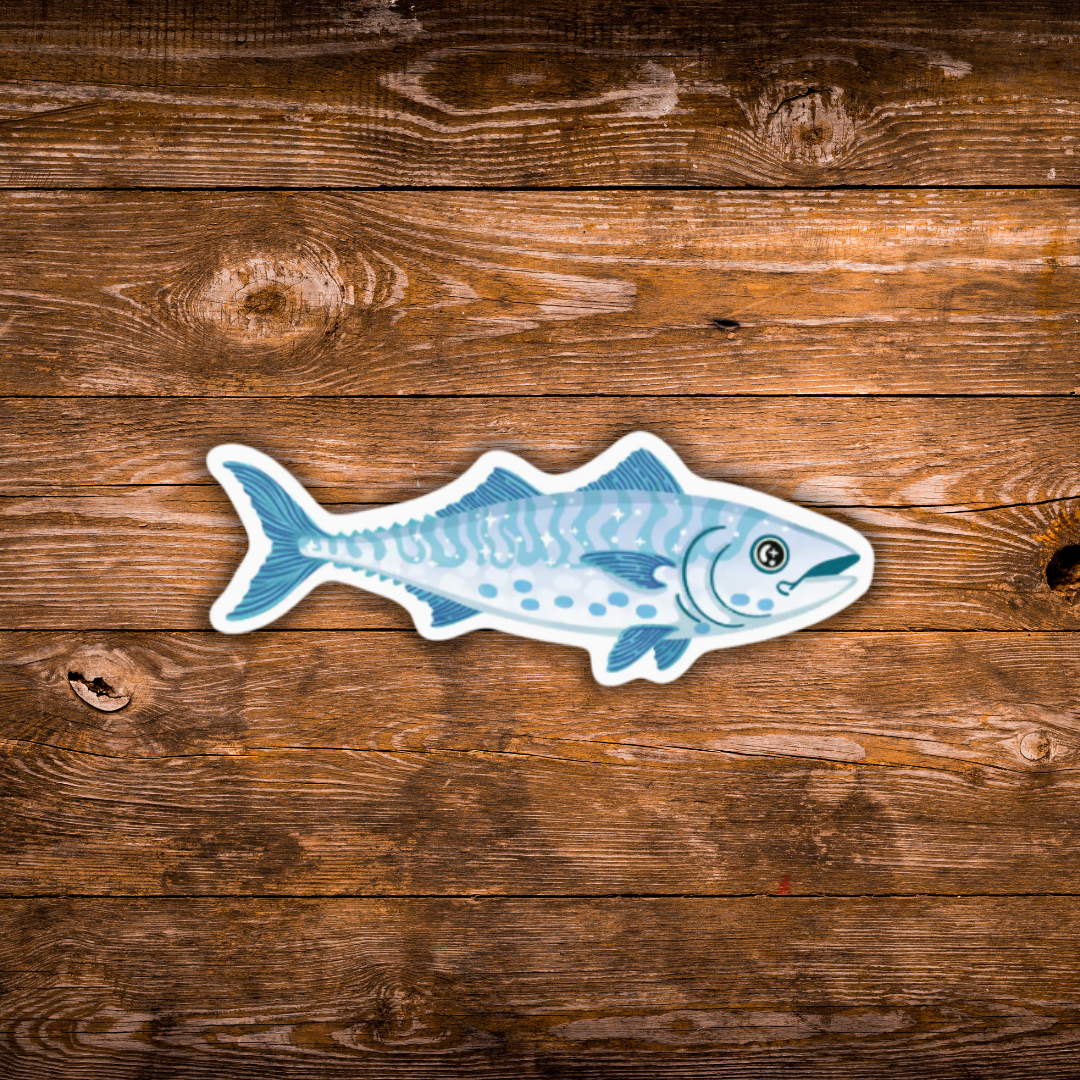 Blue illustrated mackerel fish waterproof vinyl sticker with coastal-inspired artwork.