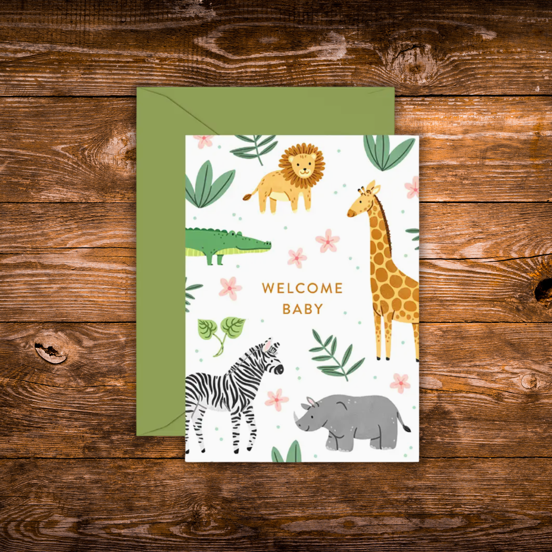 Mini greeting card featuring adorable safari animals including a lion, giraffe, zebra, rhinoceros, and crocodile surrounding the words "Welcome Baby."