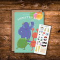Interactive monster birthday greeting card featuring cute colorful monsters holding balloons with a matching "Make a Monster" sticker sheet for creating silly monster faces.
