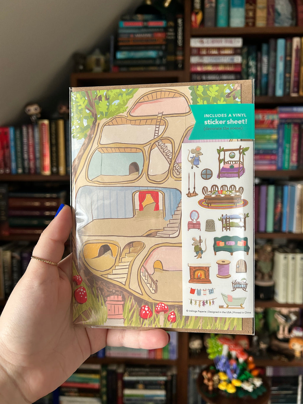 Interactive Mouse House greeting card featuring a whimsical cross-section treehouse with a coordinating sticker sheet filled with furniture, mice, and cozy home décor.