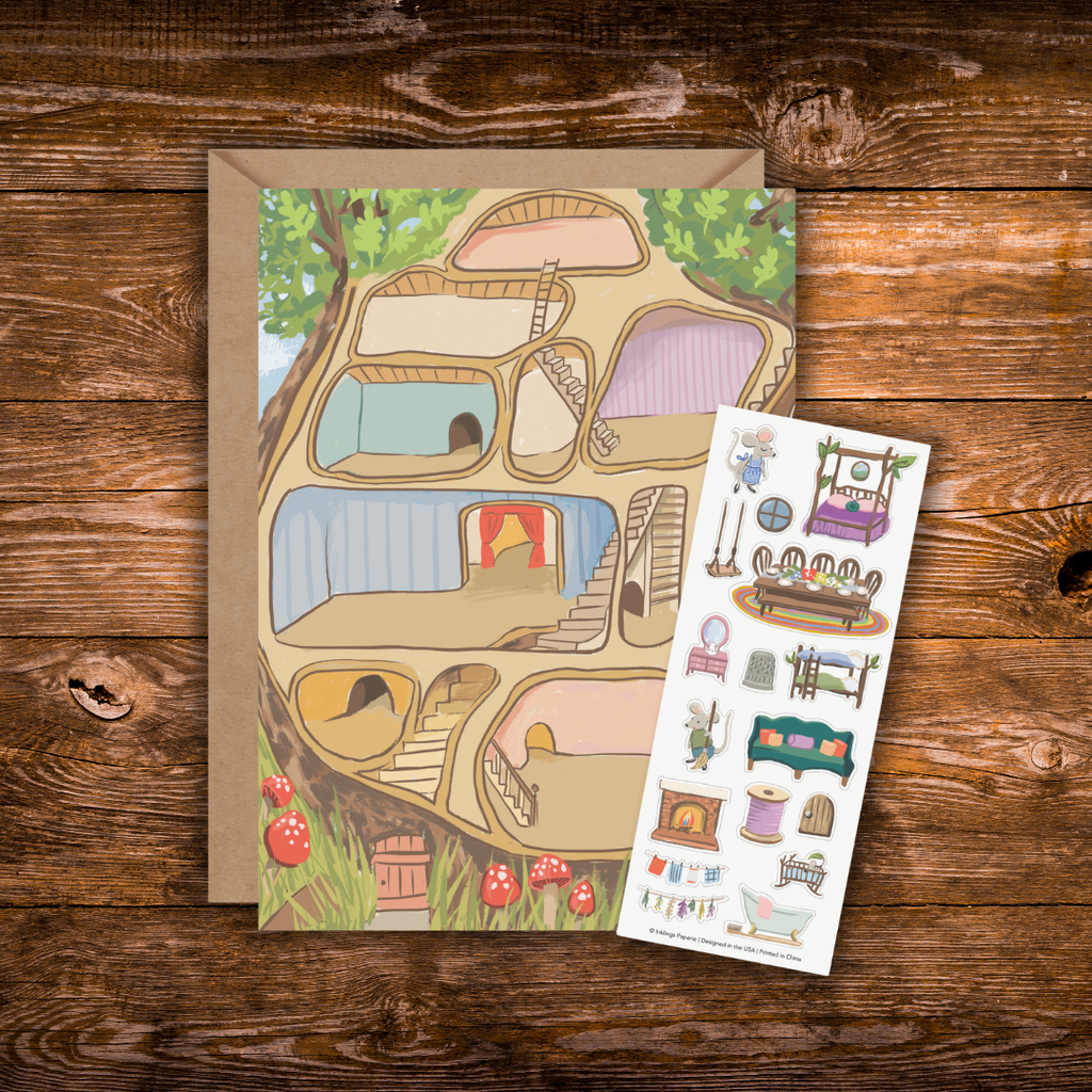 Interactive Mouse House greeting card featuring a whimsical cross-section treehouse with a coordinating sticker sheet filled with furniture, mice, and cozy home décor.
