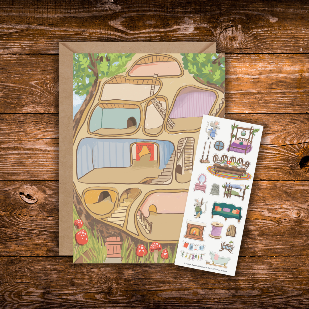 Interactive Mouse House greeting card featuring a whimsical cross-section treehouse with a coordinating sticker sheet filled with furniture, mice, and cozy home décor.