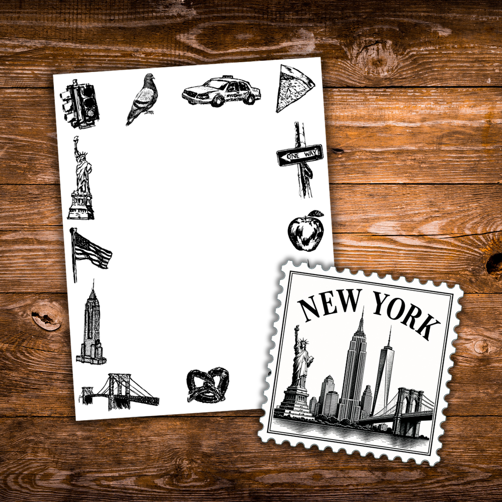 A white notepad with black New York-themed outline illustrations around the border, placed on a rustic wooden surface next to a matching stamp-style sticker that reads NEW YORK and shows city landmarks.