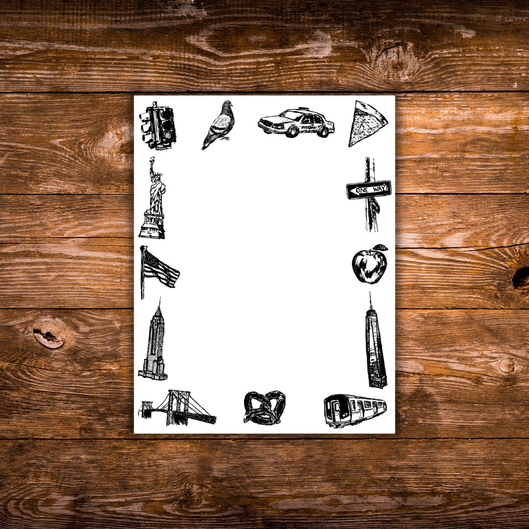 Illustrated New York City tear-away notepad featuring hand-drawn NYC landmarks and icons including the Statue of Liberty, Empire State Building, subway train, taxi, pizza, pigeon, and pretzel surrounding a blank writing area.