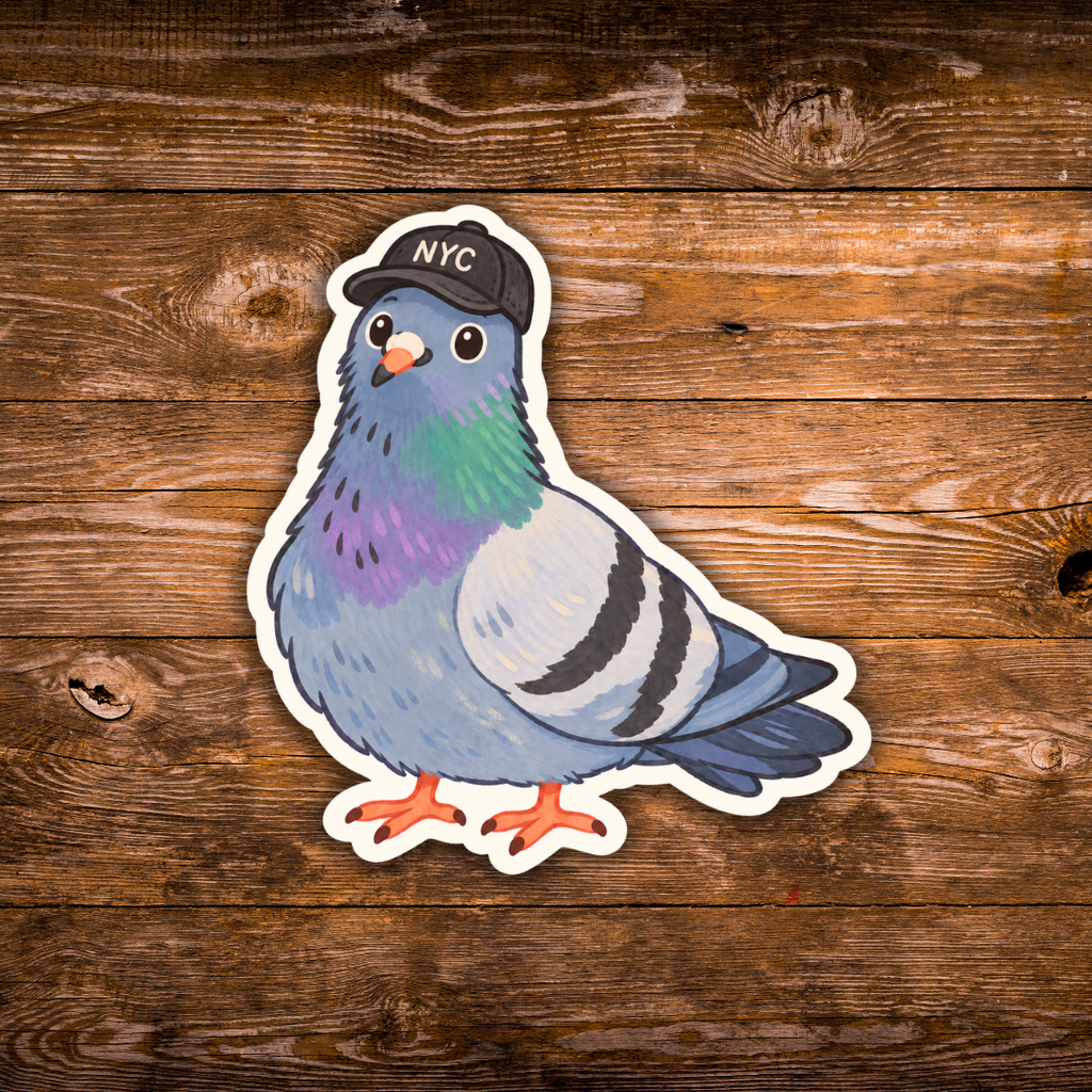Illustrated blue-gray NYC pigeon sticker wearing a black New York City baseball cap, with iridescent green and purple neck feathers, orange feet, and a white border.
